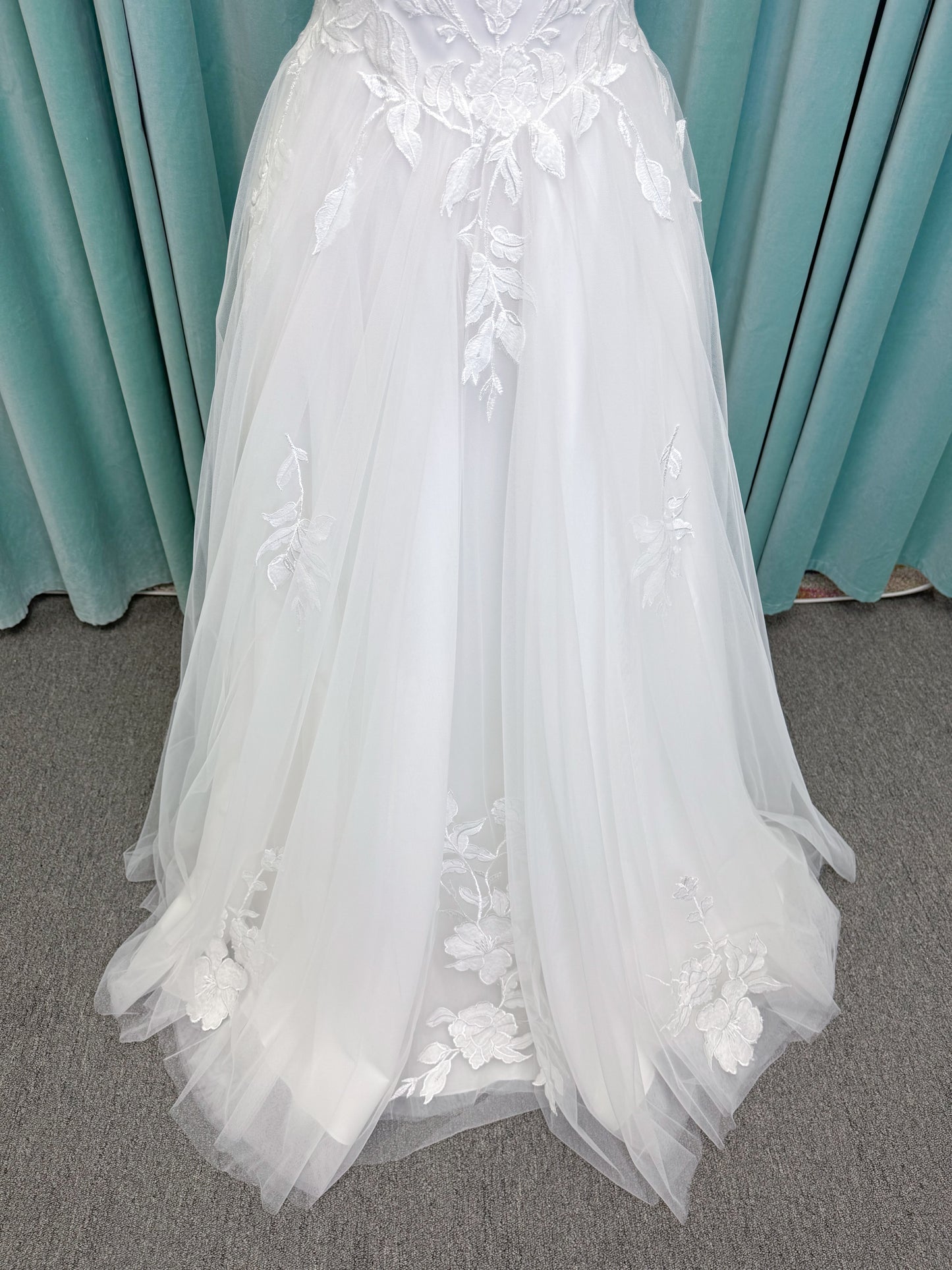 Jeslyn A-line Wedding Dress in Ivory, Size 14 — off-the-shoulder, floral appliqués cascading through tulle