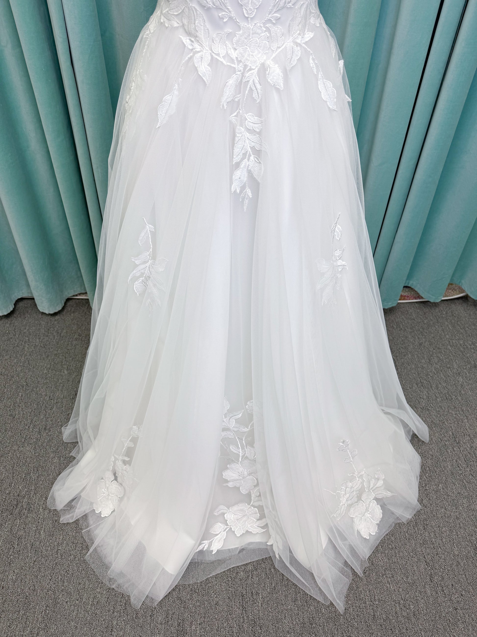 Jeslyn A-line Wedding Dress in Ivory, Size 14 — off-the-shoulder, floral appliqués cascading through tulle