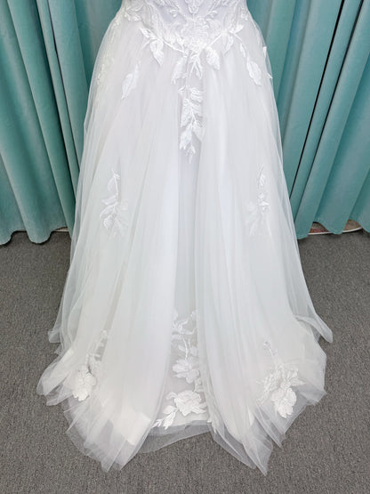 Jeslyn A-line Wedding Dress in Ivory, Size 14 — off-the-shoulder, floral appliqués cascading through tulle