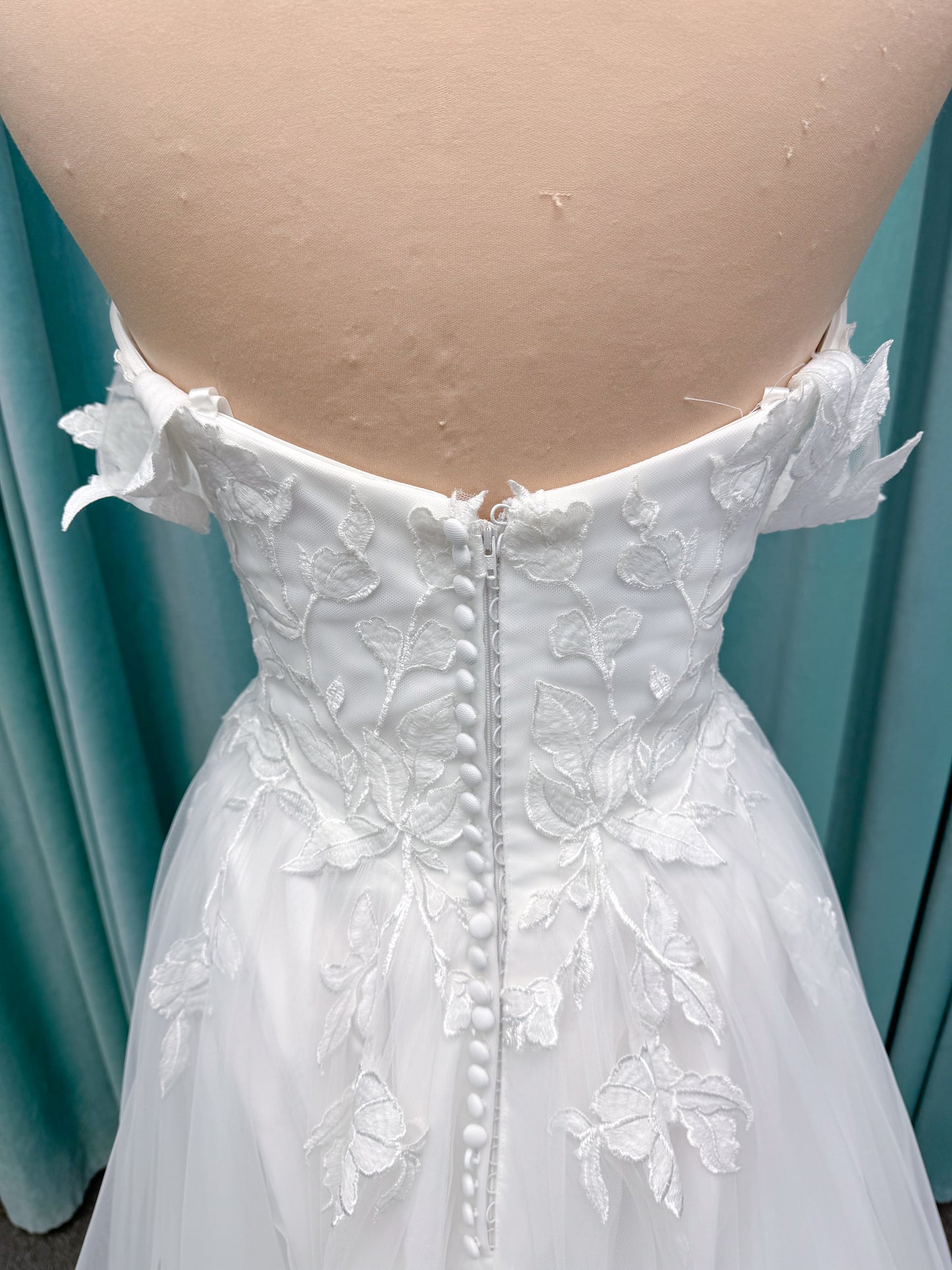 Jeslyn A-line Wedding Dress in Ivory, Size 14 — off-the-shoulder, floral appliqués cascading through tulle