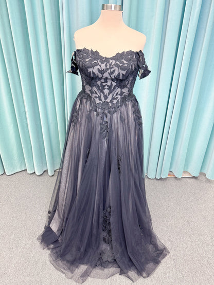 Jeslyn Noir Plus Size A-line Wedding Dress in Black/Nude, Size 18 — black floral appliqués, off-the-shoulder, layered tulle