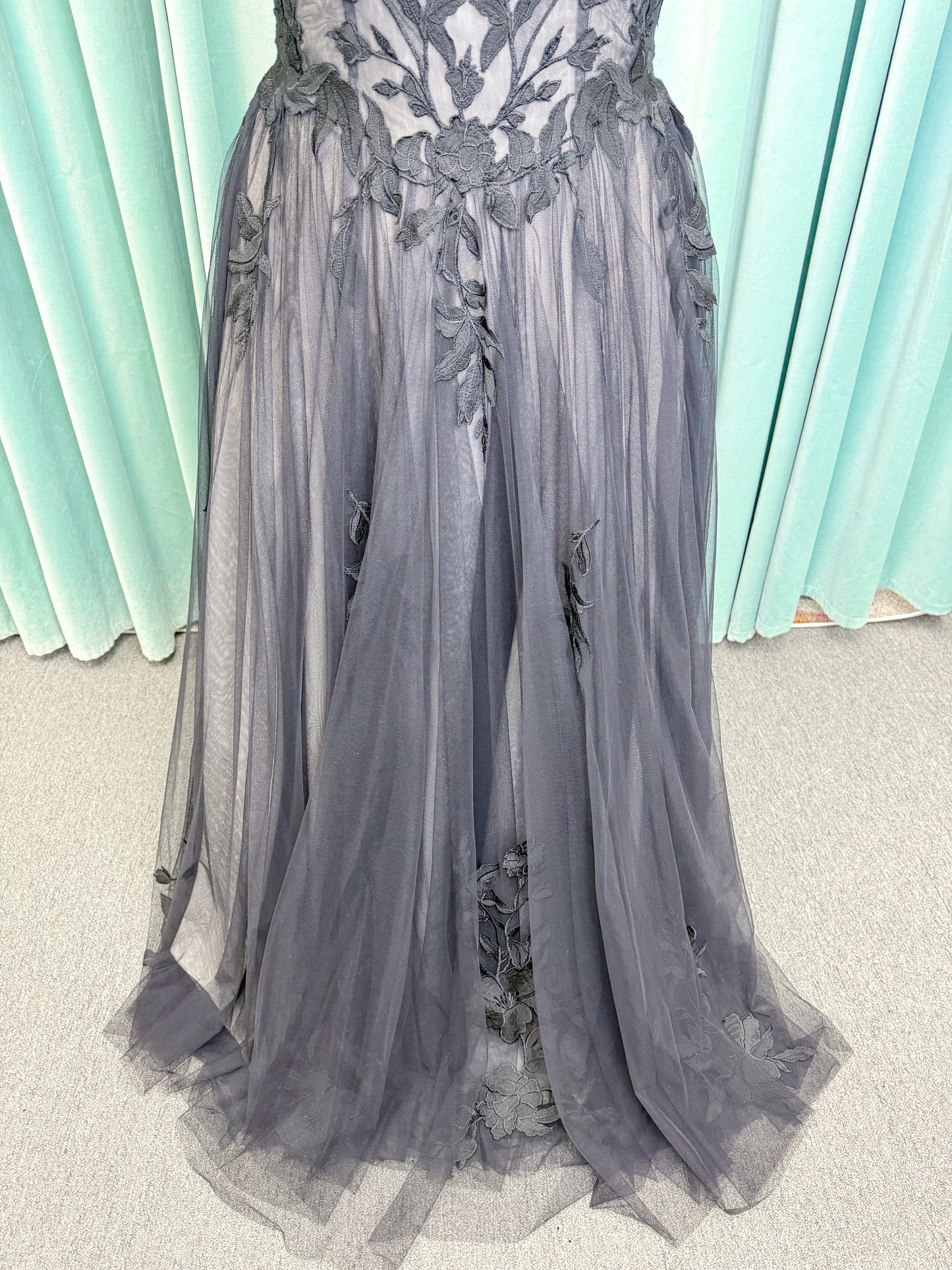 Jeslyn Noir Plus Size A-line Wedding Dress in Black/Nude, Size 18 — black floral appliqués, off-the-shoulder, layered tulle