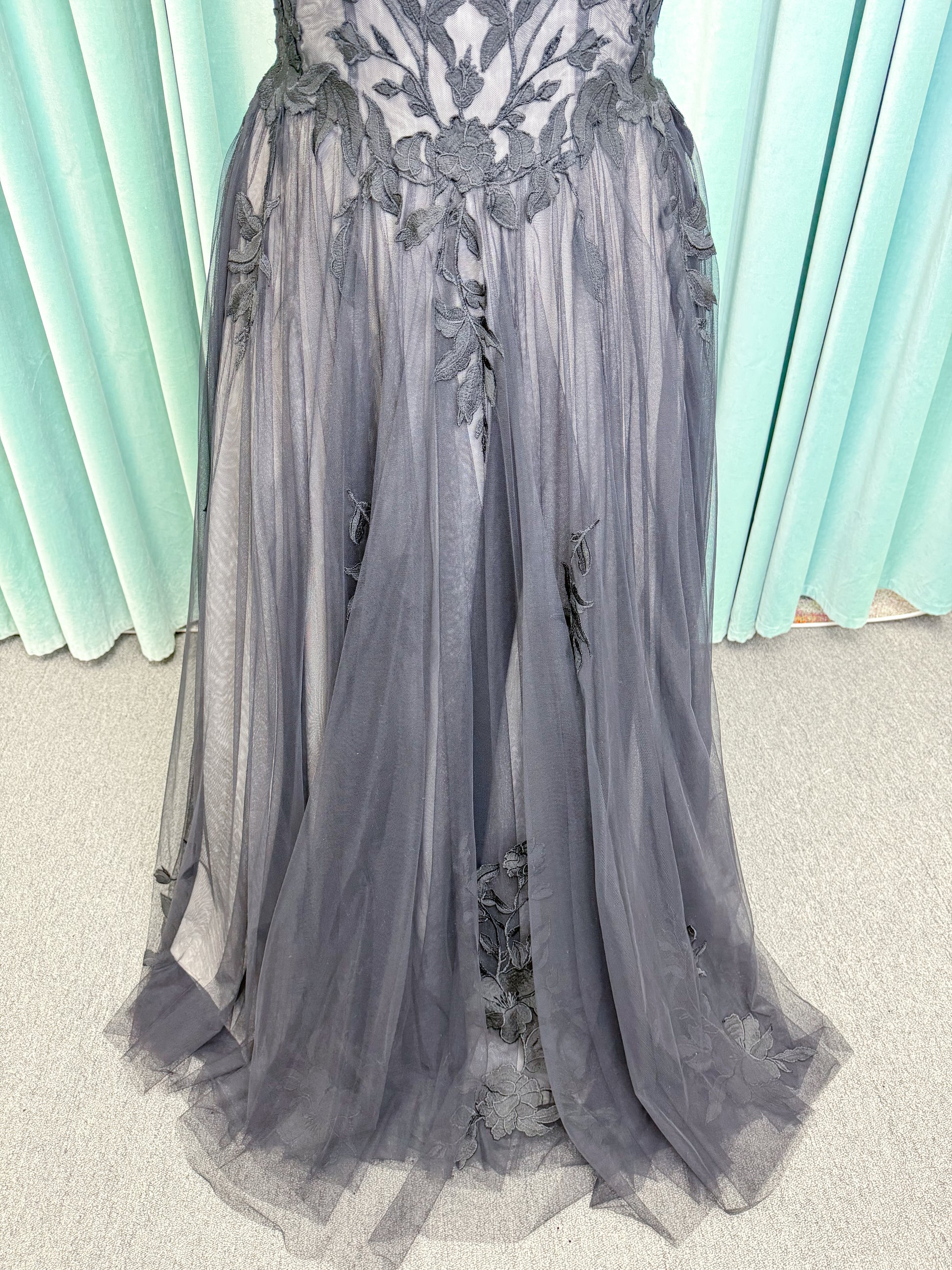 Jeslyn Noir Plus Size A-line Wedding Dress in Black/Nude, Size 18 — black floral appliqués, off-the-shoulder, layered tulle