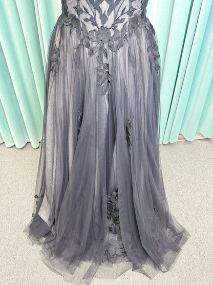 Jeslyn Noir Plus Size A-line Wedding Dress in Black/Nude, Size 18 — black floral appliqués, off-the-shoulder, layered tulle