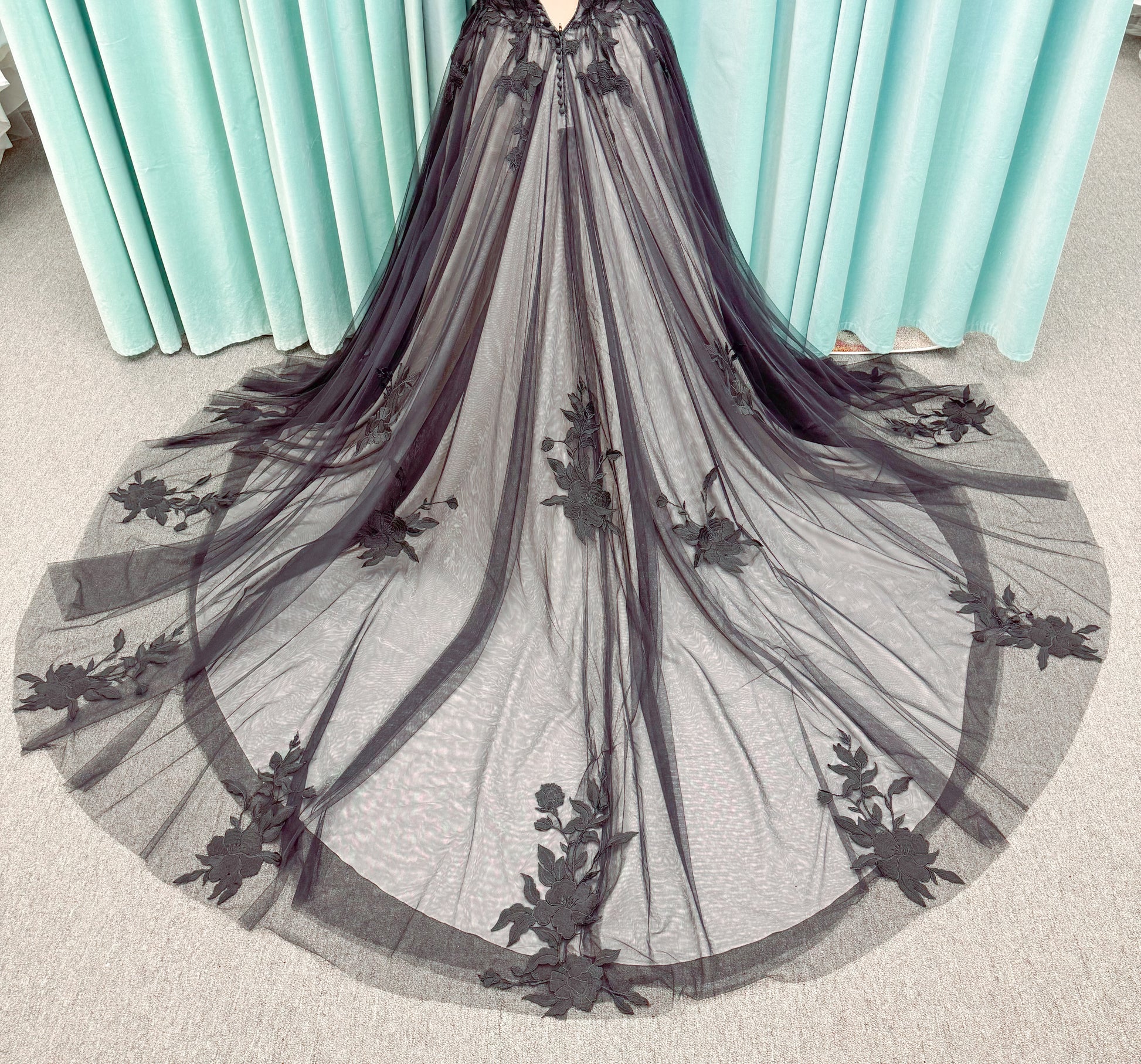 Jeslyn Noir Plus Size A-line Wedding Dress in Black/Nude, Size 18 — black floral appliqués, off-the-shoulder, layered tulle