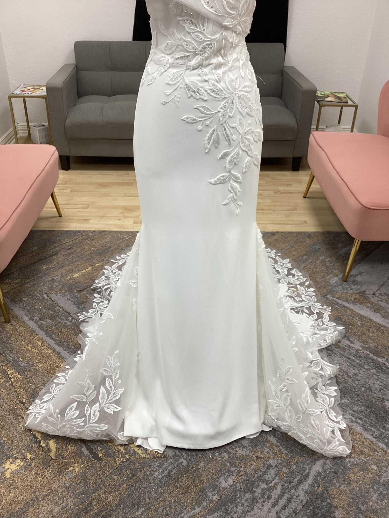Fitted Off the Shoulder Lace and Crepe Wedding Dress Ready To Wed Bridal Fitted Off the Shoulder Lace and Crepe Wedding Dress Ready To Wed Bridal