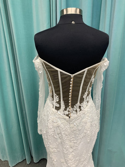 Fit and Flare Beaded Lace Off the Shoulder Long Sleeve Wedding Dress