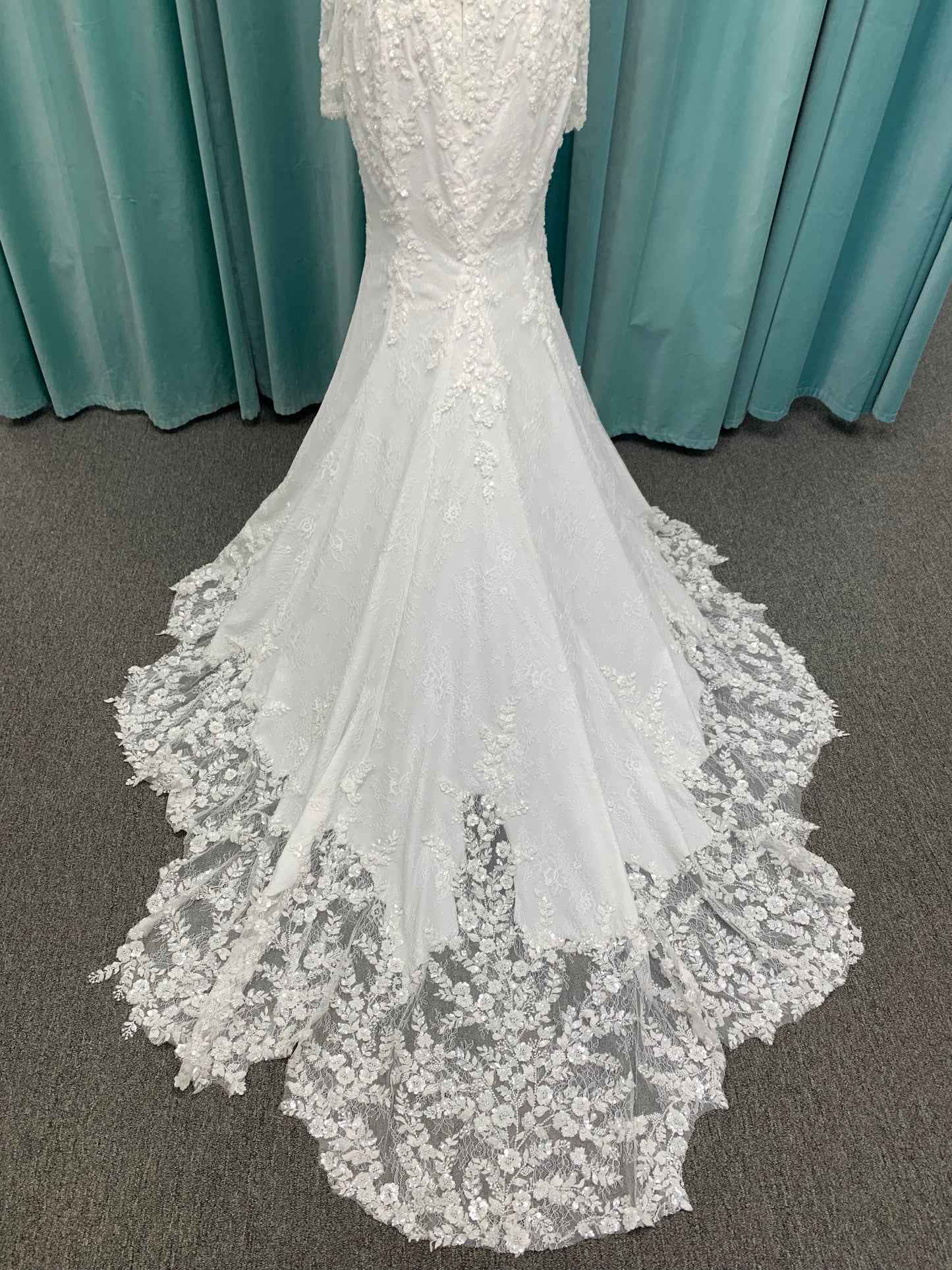 Fit and Flare Beaded Lace Off the Shoulder Long Sleeve Wedding Dress