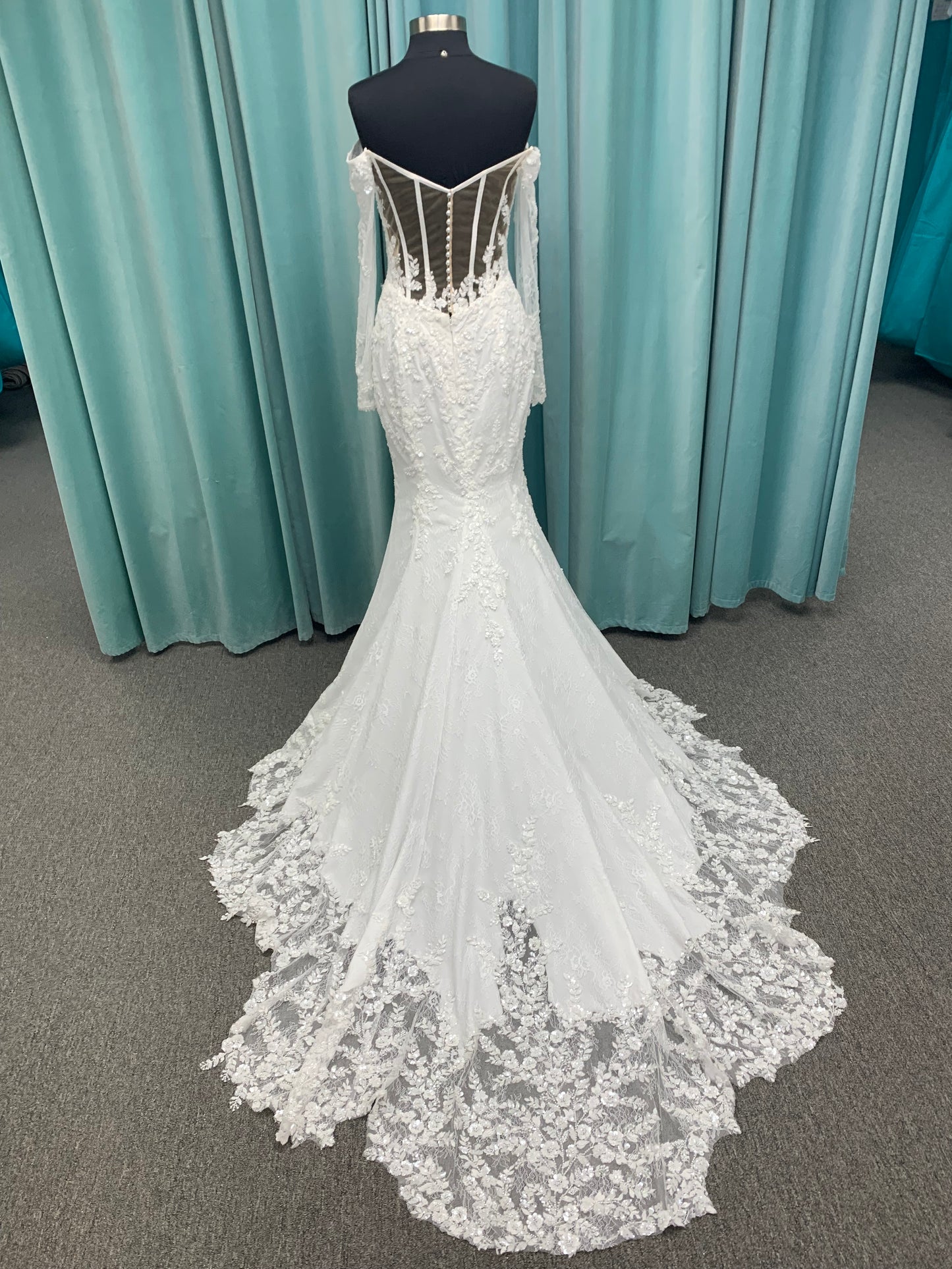 Fit and Flare Beaded Lace Off the Shoulder Long Sleeve Wedding Dress