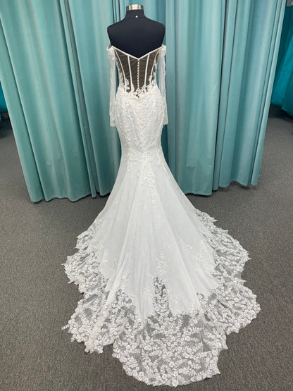 Fit and Flare Beaded Lace Off the Shoulder Long Sleeve Wedding Dress