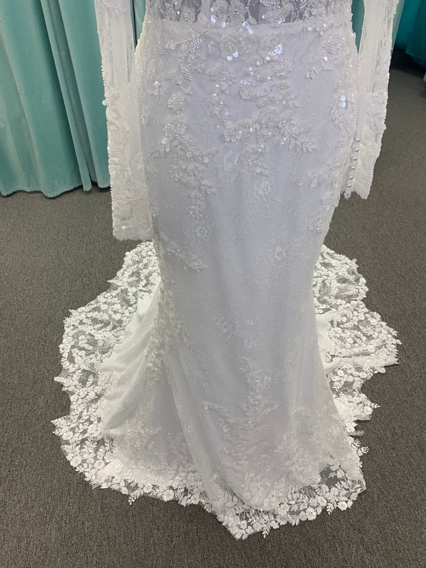 Fit and Flare Beaded Lace Off the Shoulder Long Sleeve Wedding Dress