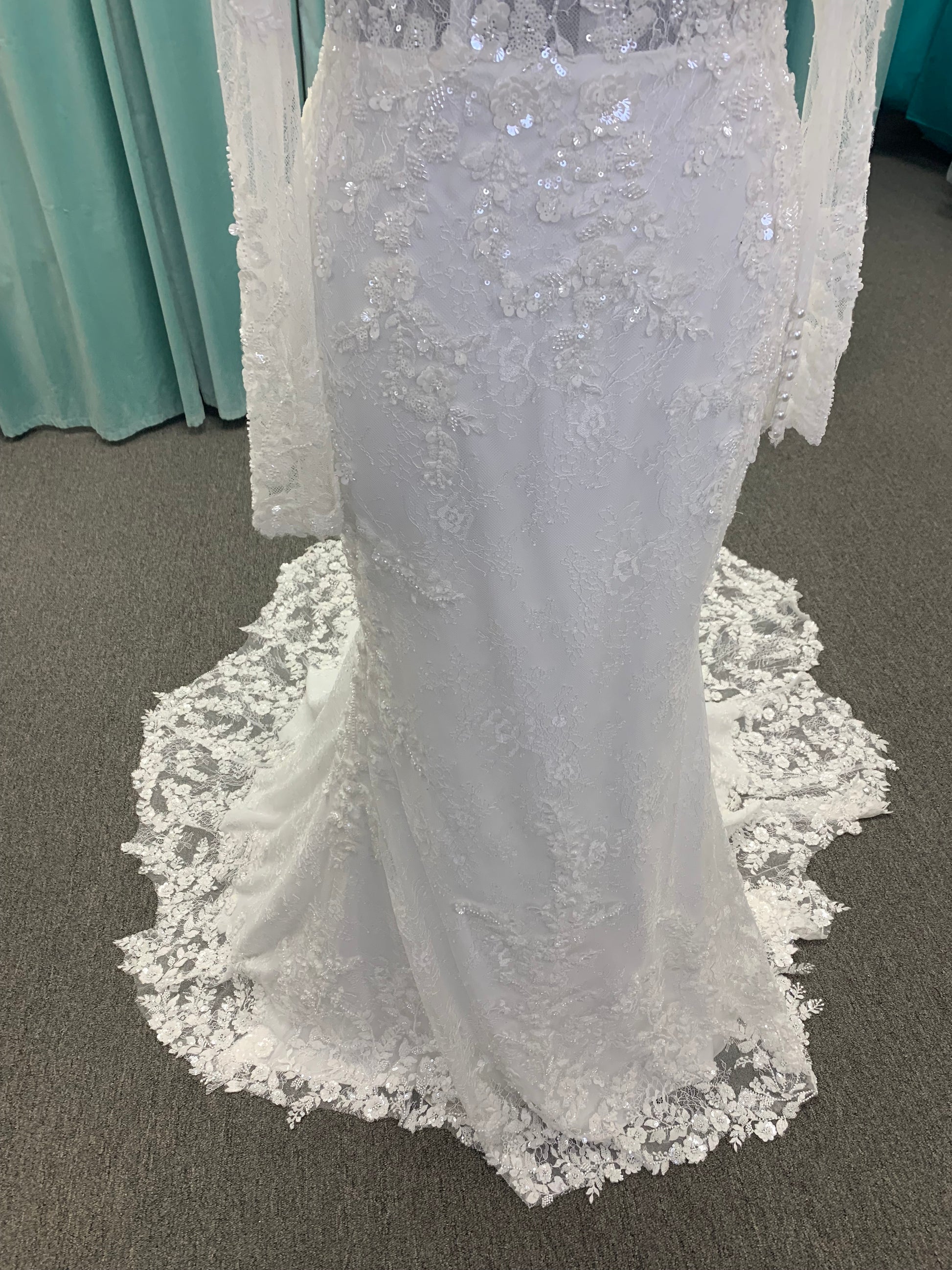 Fit and Flare Beaded Lace Off the Shoulder Long Sleeve Wedding Dress