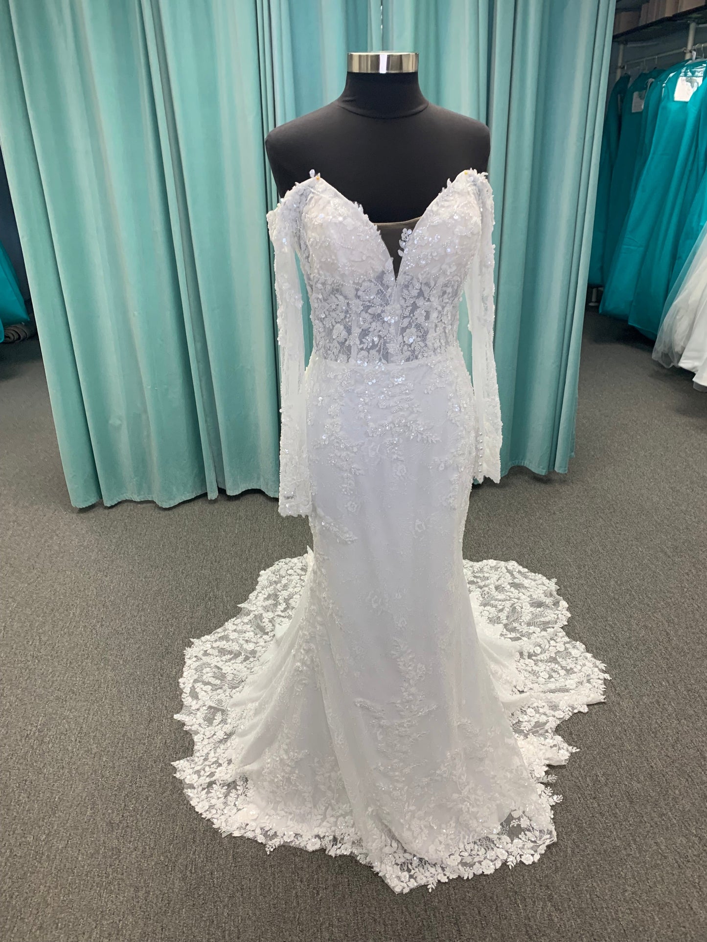 Fit and Flare Beaded Lace Off the Shoulder Long Sleeve Wedding Dress