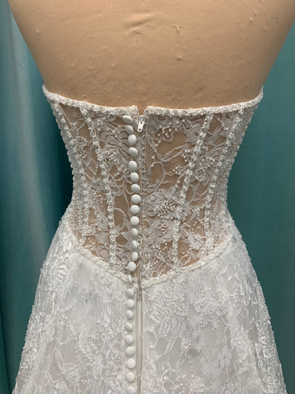 Essense of Australia D4176 strapless sparkling A-line wedding dress with basque waist and high slit