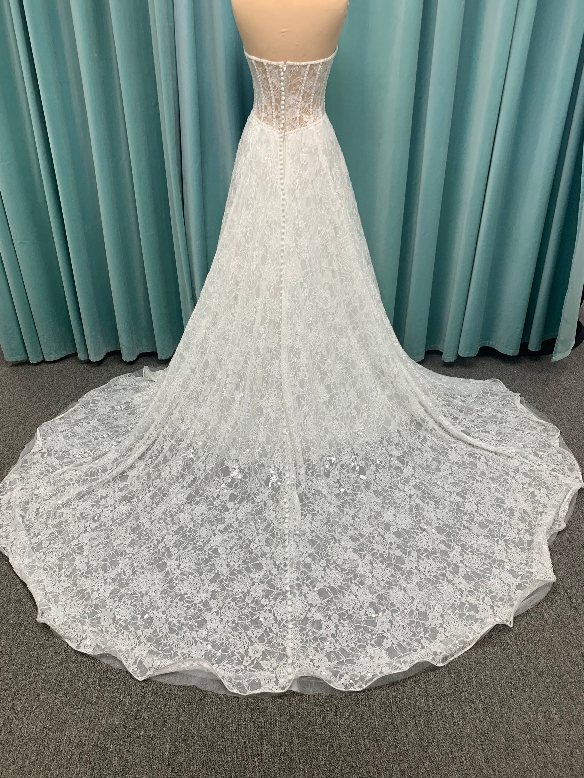 Essense of Australia D4176 strapless sparkling A-line wedding dress with basque waist and high slit