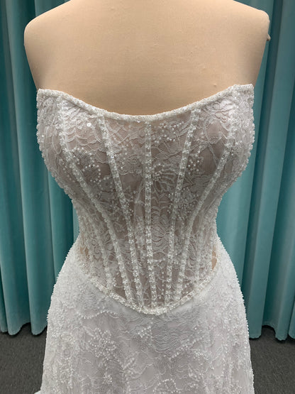 Essense of Australia D4176 strapless sparkling A-line wedding dress with basque waist and high slit
