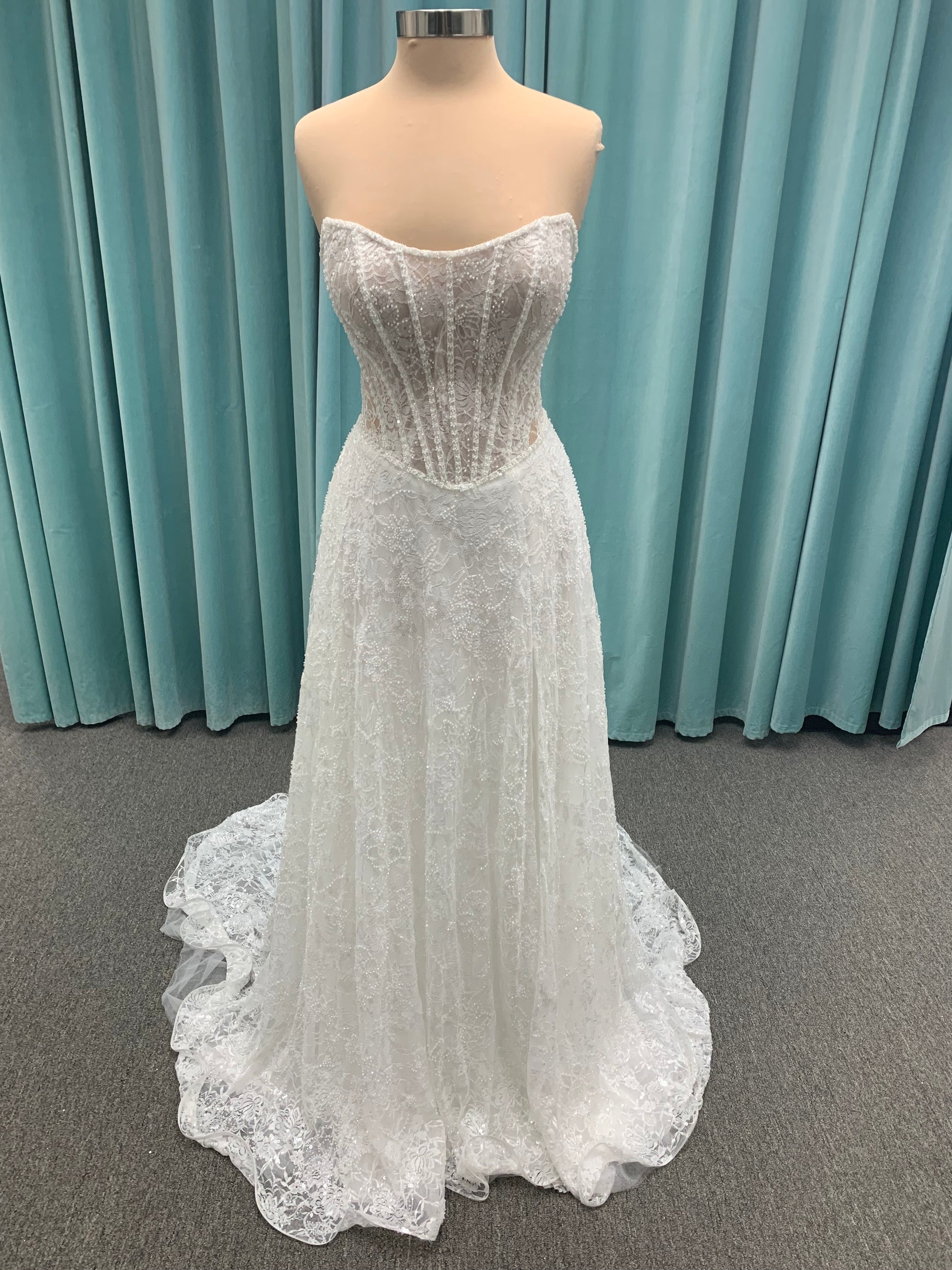 Essense of Australia D4176 strapless sparkling A-line wedding dress with basque waist and high slit