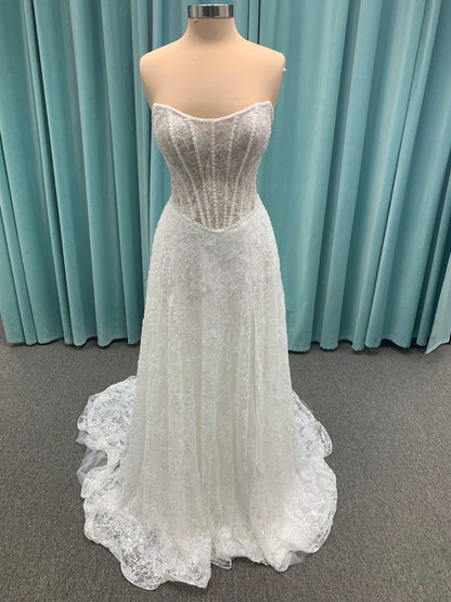 Essense of Australia D4176 strapless sparkling A-line wedding dress with basque waist and high slit