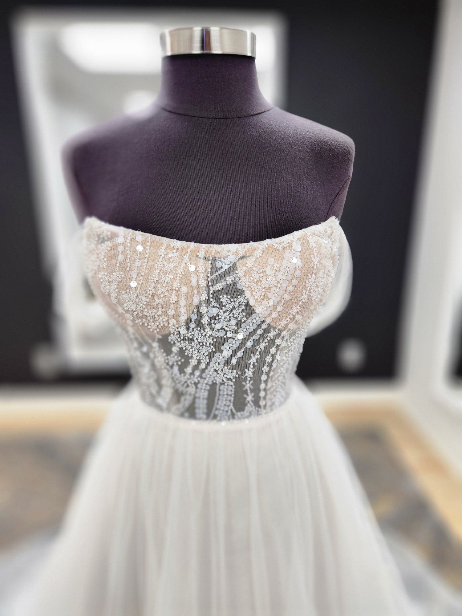 Beaded Bodice Tulle Skirt Off the Shoulder Fitted Wedding Dress