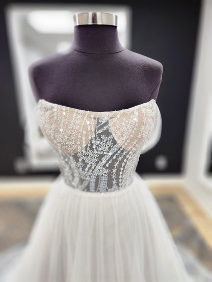 Beaded Bodice Tulle Skirt Off the Shoulder Fitted Wedding Dress