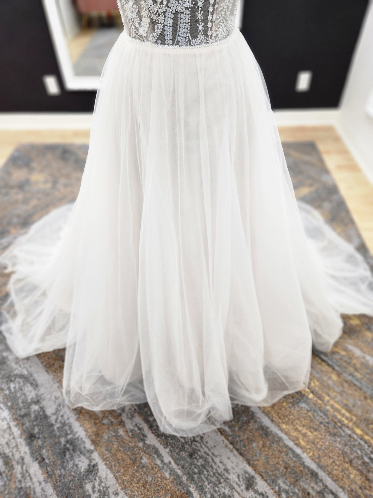 Beaded Bodice Tulle Skirt Off the Shoulder Fitted Wedding Dress