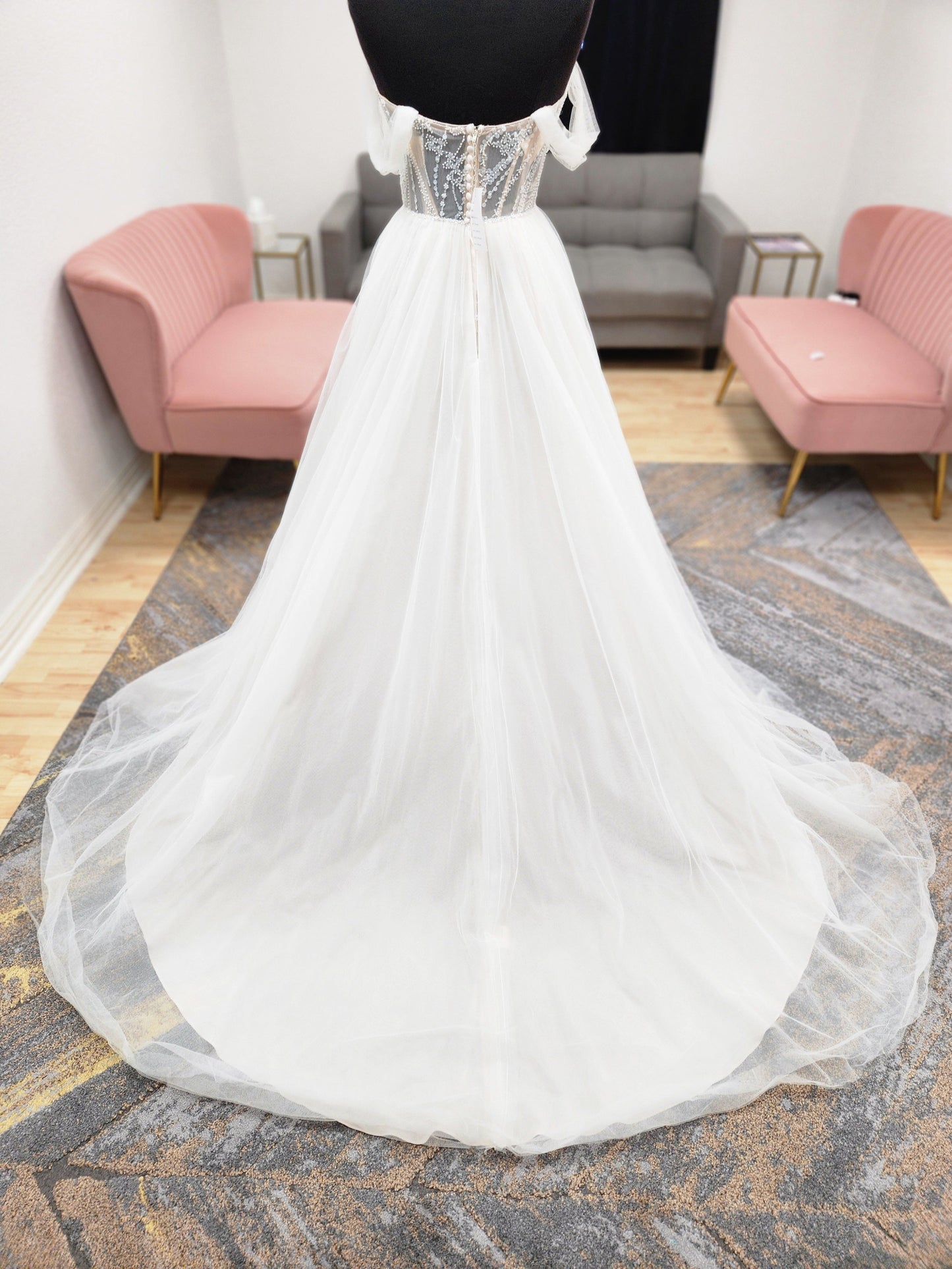 Beaded Bodice Tulle Skirt Off the Shoulder Fitted Wedding Dress