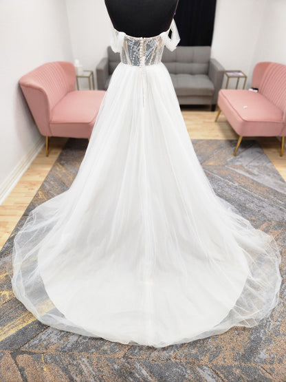 Beaded Bodice Tulle Skirt Off the Shoulder Fitted Wedding Dress