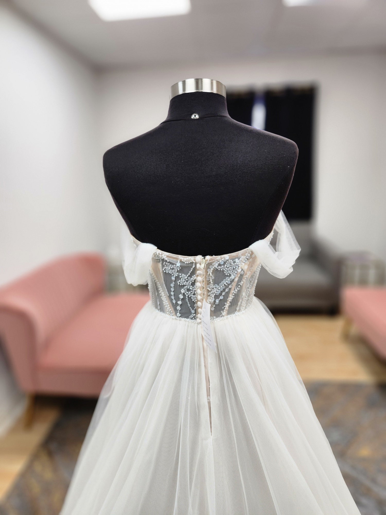 Beaded Bodice Tulle Skirt Off the Shoulder Fitted Wedding Dress