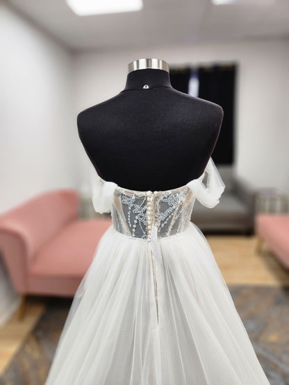 Beaded Bodice Tulle Skirt Off the Shoulder Fitted Wedding Dress