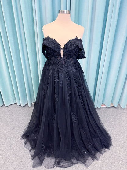 Lily Plus Size A-line Wedding Dress in Black, Size 22 — lace appliqués, glitter tulle skirt, soft shimmer