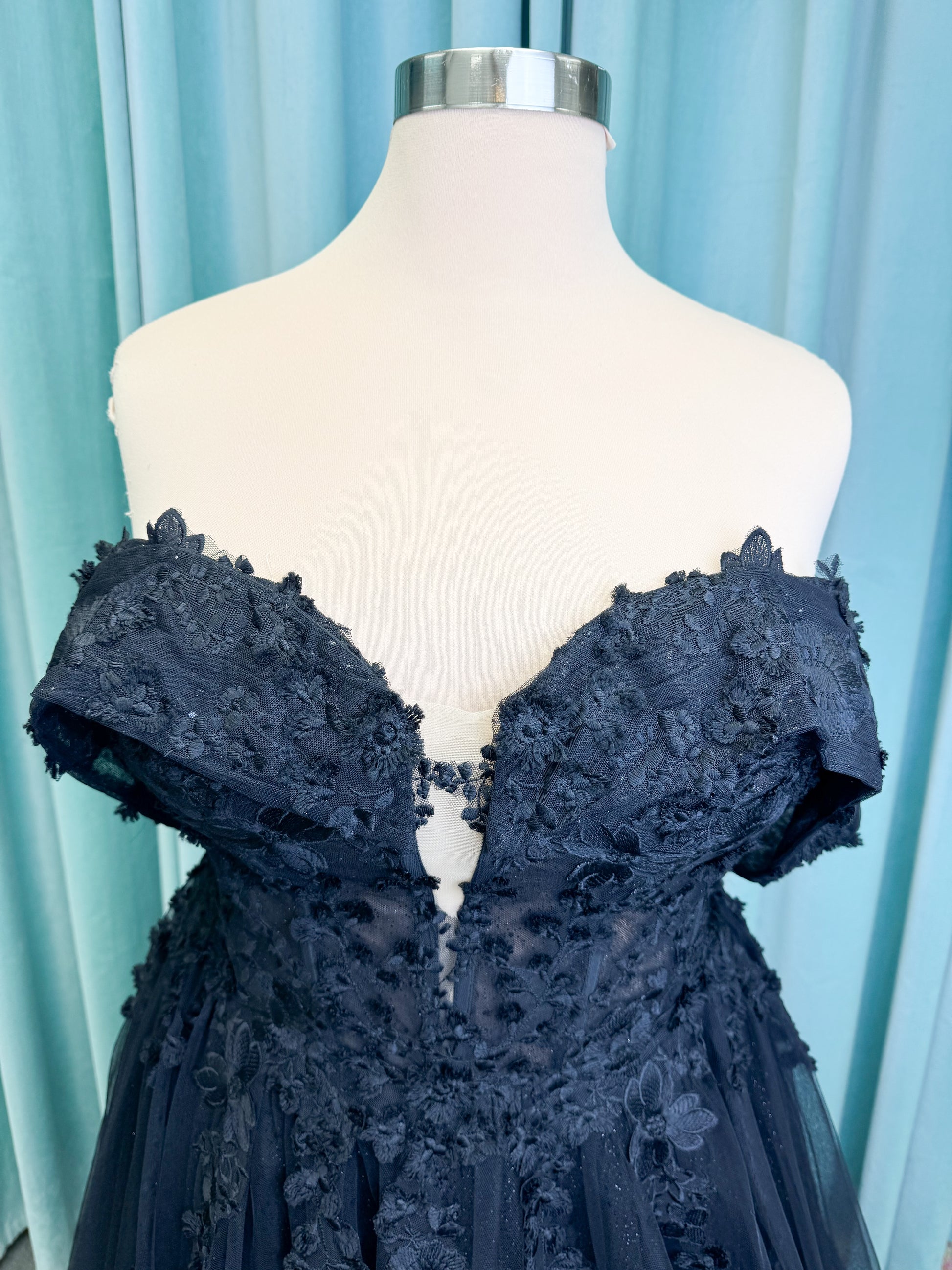 Lily Plus Size A-line Wedding Dress in Black, Size 22 — lace appliqués, glitter tulle skirt, soft shimmer