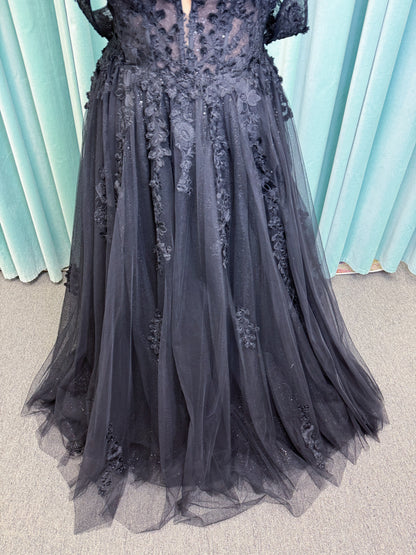 Lily Plus Size A-line Wedding Dress in Black, Size 22 — lace appliqués, glitter tulle skirt, soft shimmer