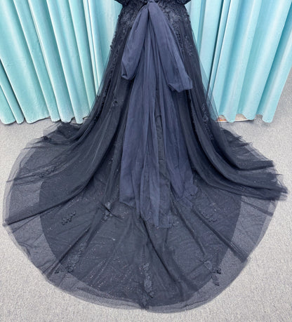 Lily Plus Size A-line Wedding Dress in Black, Size 22 — lace appliqués, glitter tulle skirt, soft shimmer