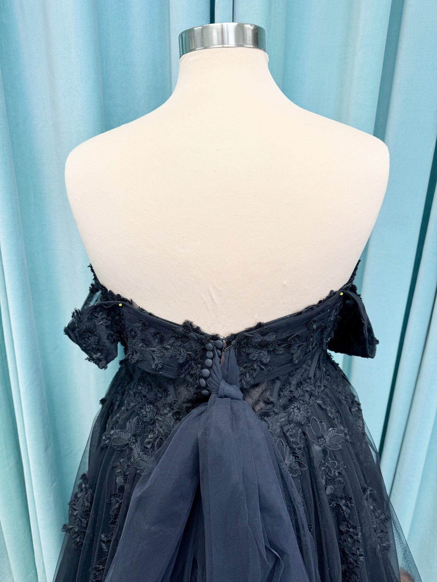 Lily Plus Size A-line Wedding Dress in Black, Size 22 — lace appliqués, glitter tulle skirt, soft shimmer