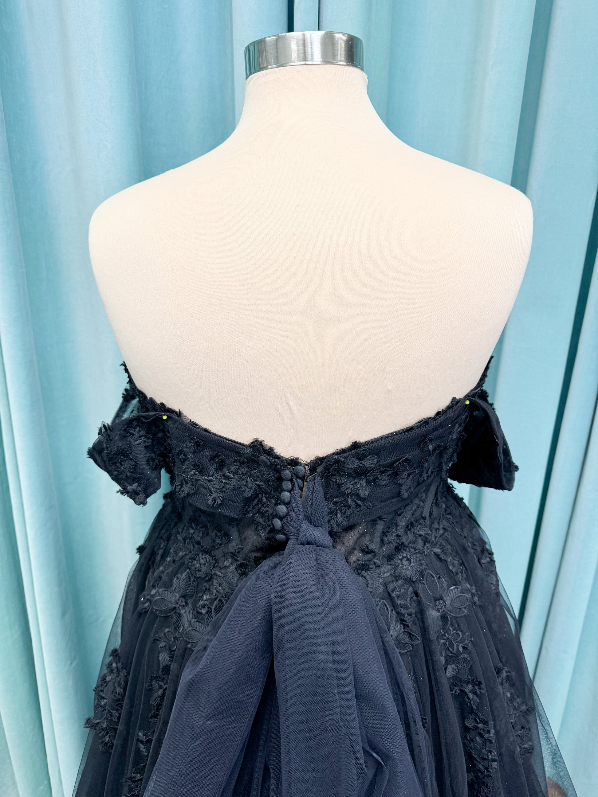 Lily Plus Size A-line Wedding Dress in Black, Size 22 — lace appliqués, glitter tulle skirt, soft shimmer