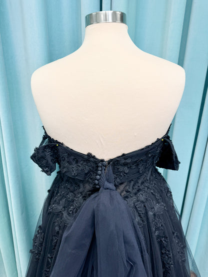 Lily Plus Size A-line Wedding Dress in Black, Size 22 — lace appliqués, glitter tulle skirt, soft shimmer