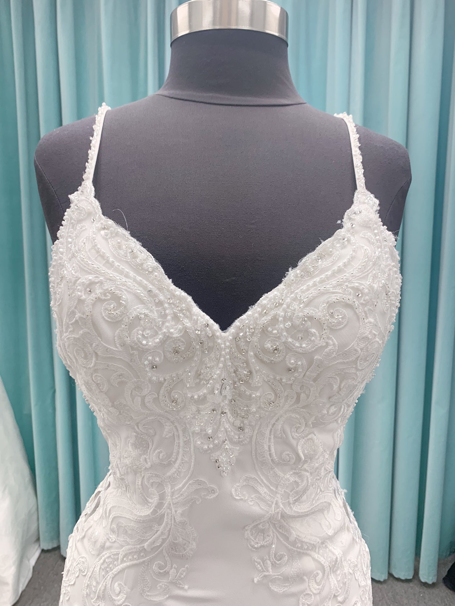 Morilee Lizzie style 8283 V-neck beaded crepe sheath wedding dress with sheer side panels and keyhole back, size 10