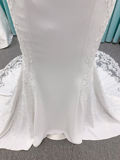 Morilee Lizzie style 8283 V-neck beaded crepe sheath wedding dress with sheer side panels and keyhole back, size 10