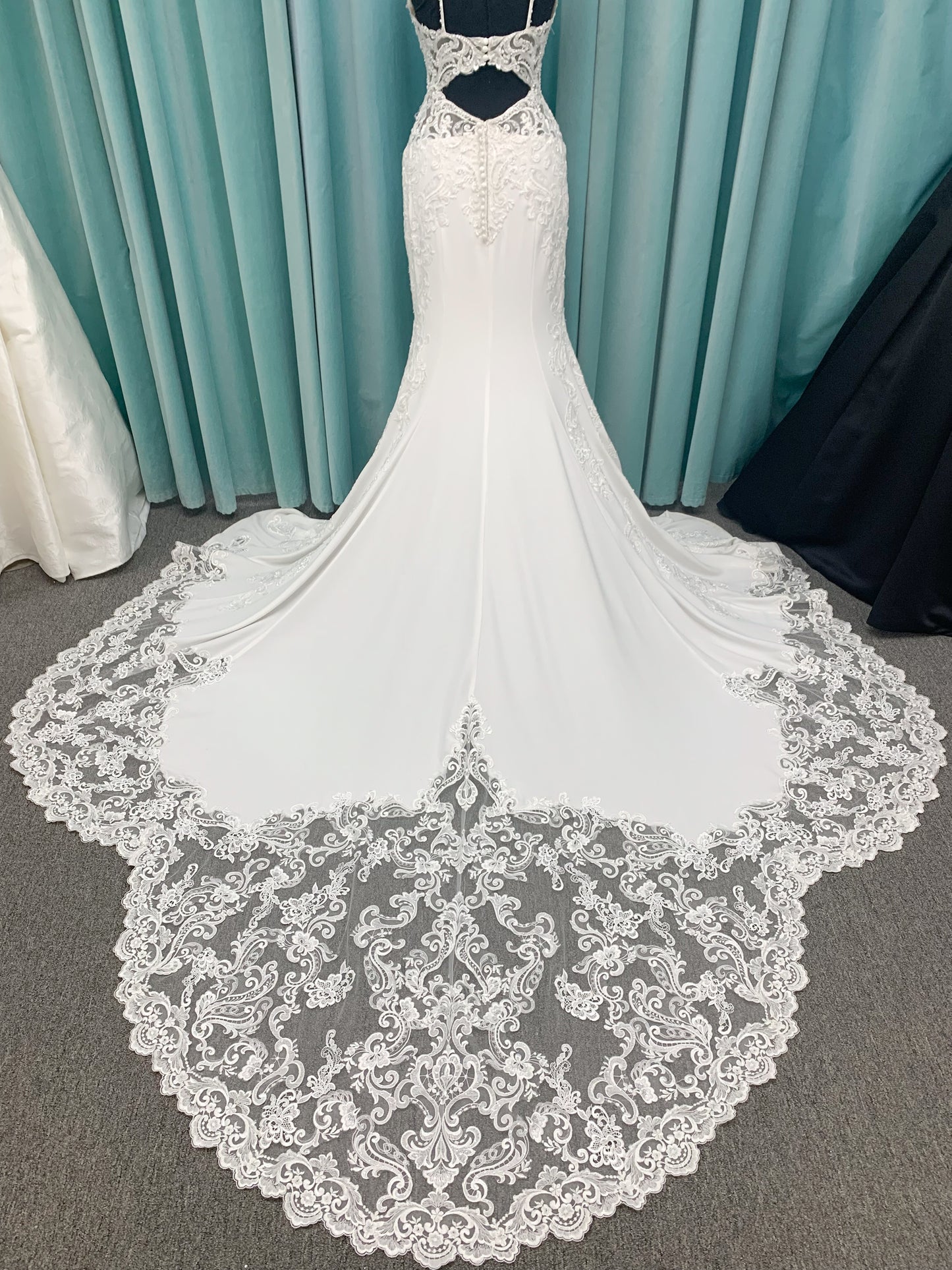 Morilee Lizzie style 8283 V-neck beaded crepe sheath wedding dress with sheer side panels and keyhole back, size 10