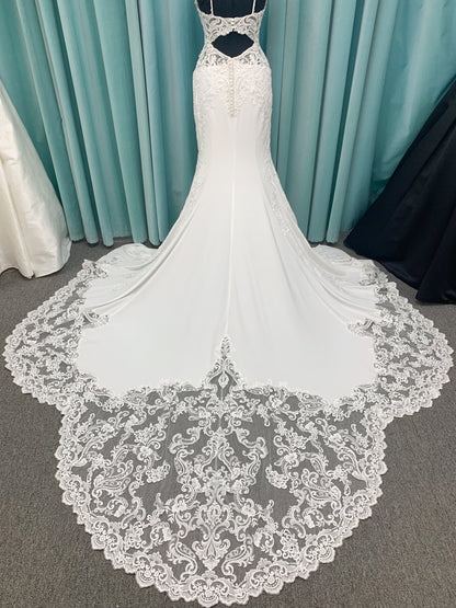 Morilee Lizzie style 8283 V-neck beaded crepe sheath wedding dress with sheer side panels and keyhole back, size 10
