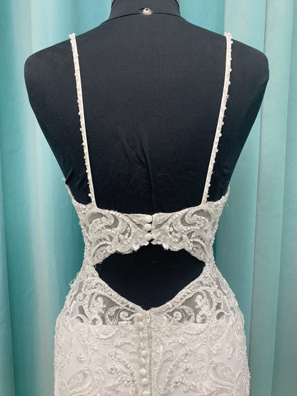 Morilee Lizzie style 8283 V-neck beaded crepe sheath wedding dress with sheer side panels and keyhole back, size 10