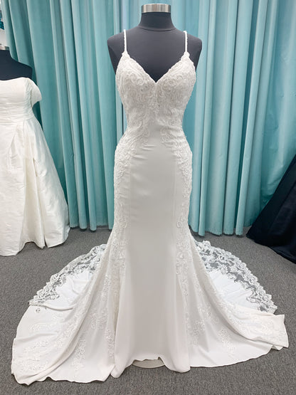 Morilee Lizzie style 8283 V-neck beaded crepe sheath wedding dress with sheer side panels and keyhole back, size 10