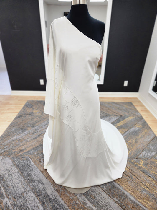 One Shoulder Drapey Sleeve Wedding Dress