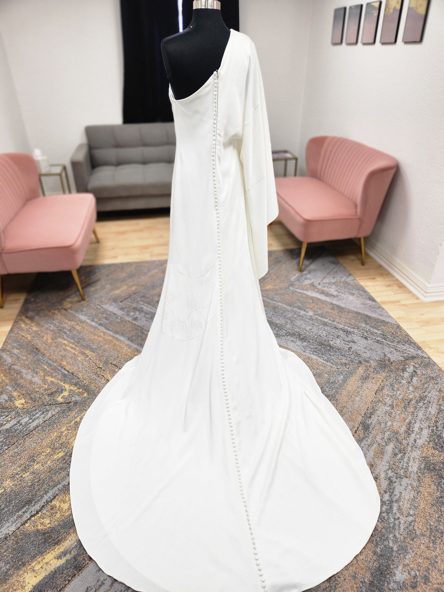 One Shoulder Drapey Sleeve Wedding Dress