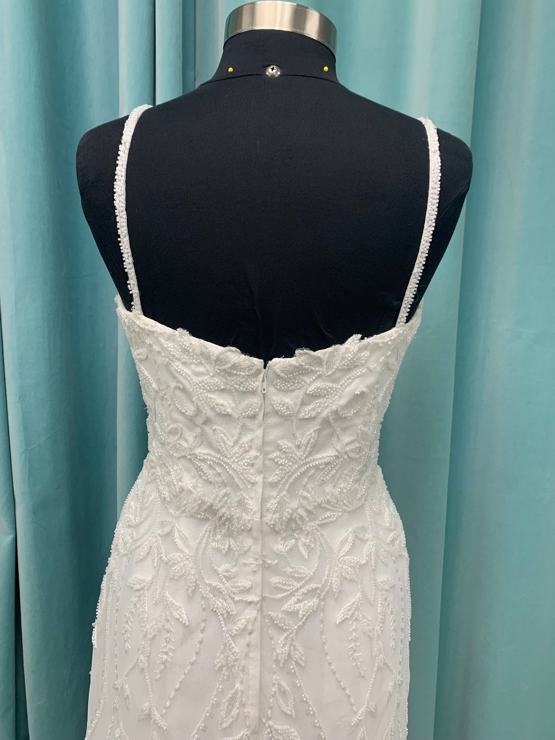 Shimmering lace fit-and-flare wedding dress with botanical appliqués, scoop neckline, and sheer lace train by Essense of Australia Style D4279