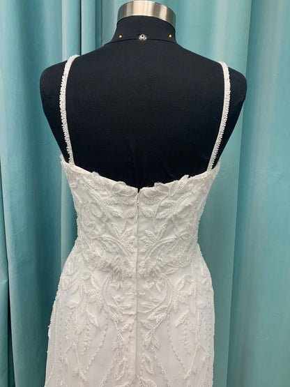 Shimmering lace fit-and-flare wedding dress with botanical appliqués, scoop neckline, and sheer lace train by Essense of Australia Style D4279
