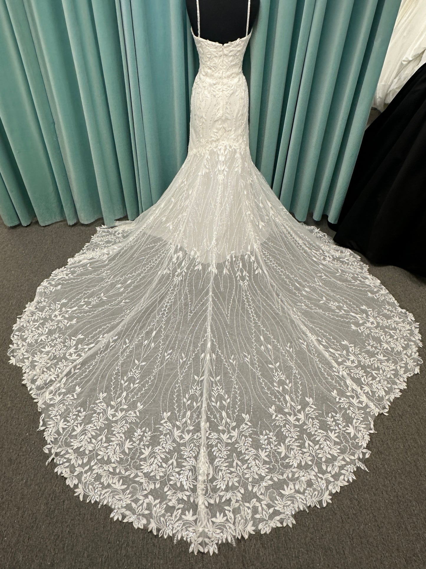 Shimmering lace fit-and-flare wedding dress with botanical appliqués, scoop neckline, and sheer lace train by Essense of Australia Style D4279