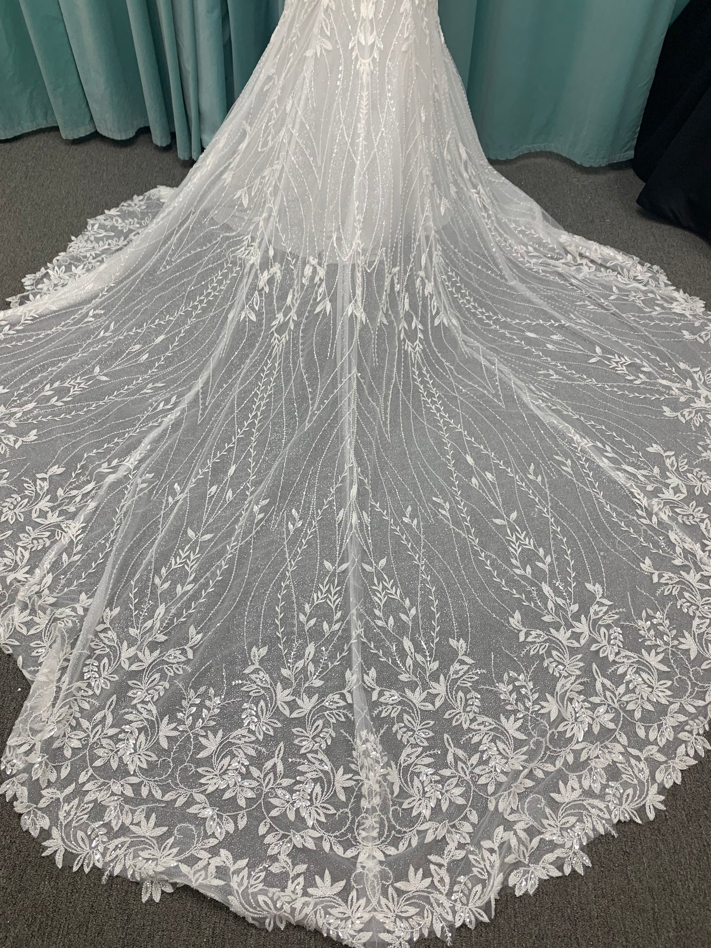 Shimmering lace fit-and-flare wedding dress with botanical appliqués, scoop neckline, and sheer lace train by Essense of Australia Style D4279