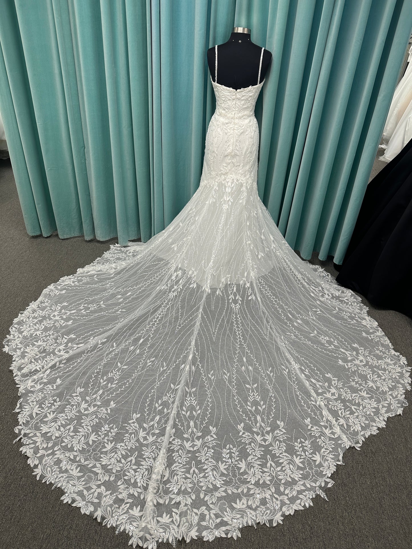 Shimmering lace fit-and-flare wedding dress with botanical appliqués, scoop neckline, and sheer lace train by Essense of Australia Style D4279