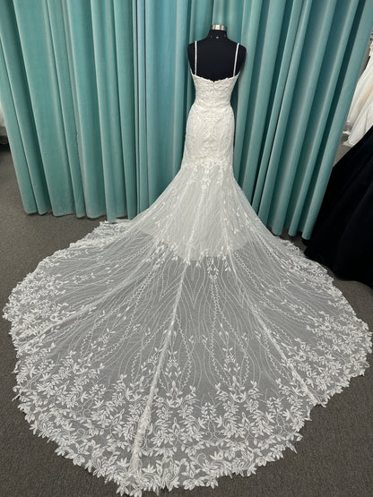 Shimmering lace fit-and-flare wedding dress with botanical appliqués, scoop neckline, and sheer lace train by Essense of Australia Style D4279